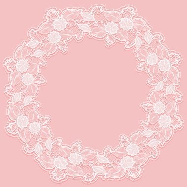 Beyaz dantel kare kartı veya davet için şablonu. Ajur çiçekler pembe bir arka plan üzerinde dairesel süsleme.