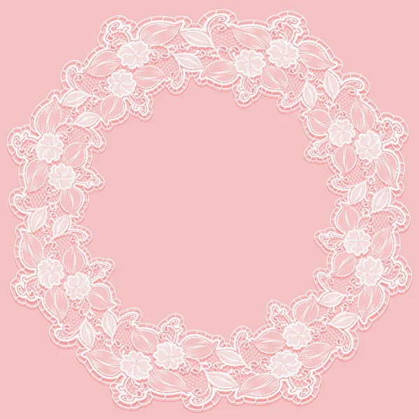 Template with white lace frame for card or invitation. Circular ornament of openwork flowers on a pink background. — Stock Vector