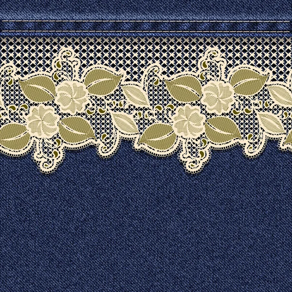 Sömlös horisontella denim bakgrund med spets blommig tejp. — Stock vektor