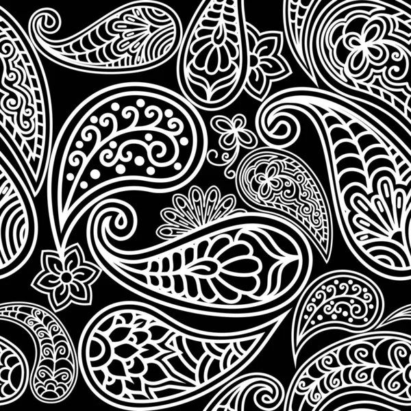 ペイズリー装飾のシームレスなパターン エレガントな黒と白のモノクロームの背景 繊維ボヘミアンプリント バティック絵画 ヴィンテージハンドドローの装飾 ベクターイラスト — ストックベクタ