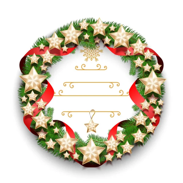 赤いサテンリボンと金の星で飾られたクリスマスのモミの枝で作られたクリスマスリース 白い背景に隔離されている 現実的な3D装飾 ベクターイラスト — ストックベクタ