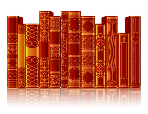 Collection Red Gold Books Reflection Isolated White Background Ornate Book Stock Illustration