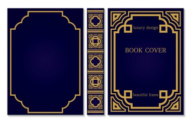 Omurgalı kitap kapağı. Örnek tasarım. Koyu mavi arkaplanda altın çerçeve. Sertifikalar ve diplomalar için sınır tasarımı. Eski bir çerçeve. Vektör illüstrasyonu