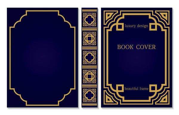 Buchumschlag Mit Buchrücken Musterdesign Goldrahmen Auf Dunkelblauem Hintergrund Grenzgestaltung Für — Stockvektor