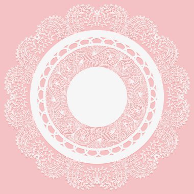 Paisley desenli beyaz peçeteyi aç. Pembe arka planda dantelli çerçeve. Vektör illüstrasyonu