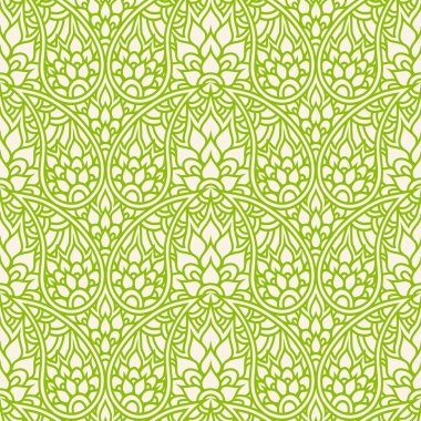 Paisley dikişsiz desen. Tek krom karalama geçmişini tekrarlıyor. Kumaş, tekstil ve ambalaj kağıdı için yeşil duvar kağıdı süsü. Hint geleneksel desenli desenli Vektör çizimi.
