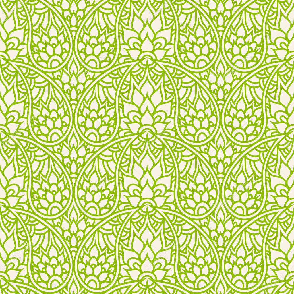 Paisley seamless pattern. Monochrome repeat doodling background. Green Floral wallpaper Decorative ornament for fabric, textile, wrapping paper. Indian traditional paisley pattern Vector illustration.