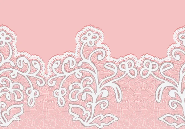 Seamless horizontal lace border with flowers. White lace on a pink background. — Stock Vector