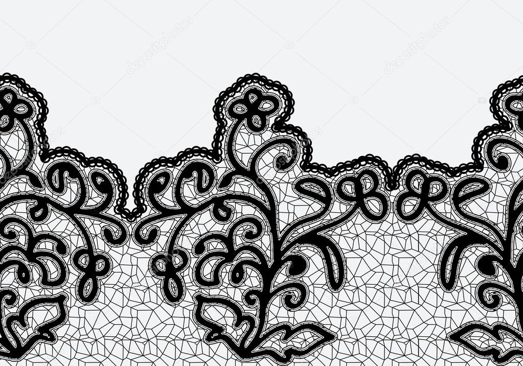 Seamless horizontal lace ribbon with flowers. Black lace on a light background.