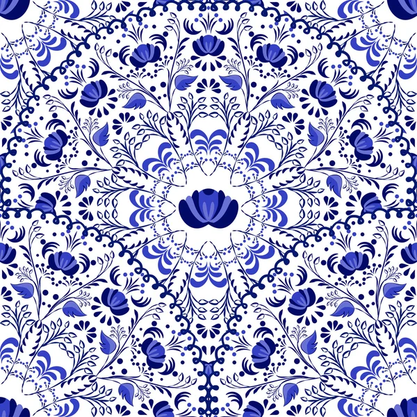 Fundo sem costura de padrões circulares. Ornamento azul estilo nacional russo Gzhel . — Vetor de Stock