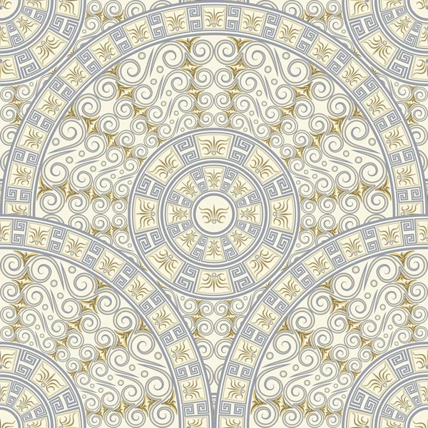 Nahtloser Hintergrund kreisförmiger Muster. hellgraue Ornamente im griechischen Stil. — Stockvektor