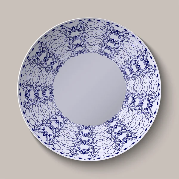 Ornamento floreale blu rotondo stile orientale. Modello mostrato sul piatto in ceramica . — Vettoriale Stock