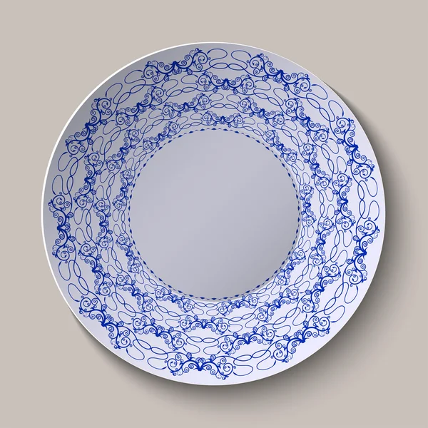 Tondo blu ornamento floreale stile etnico. Modello mostrato sulla piastra in ceramica . — Vettoriale Stock