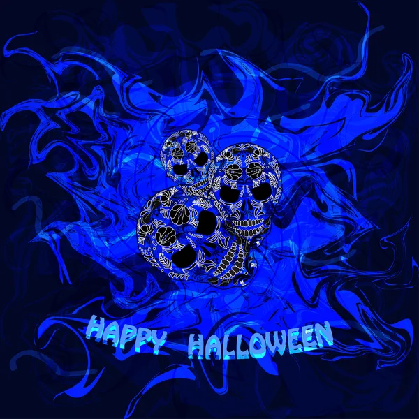 Fondo azul abstracto con calaveras y las palabras Feliz Halloween . — Vector de stock