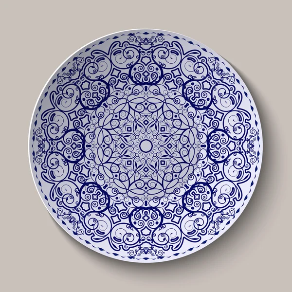 Rund blå blommig prydnad kinesiska stil målning på porslin. mönstret visas på keramiska tallrik. — Stock vektor
