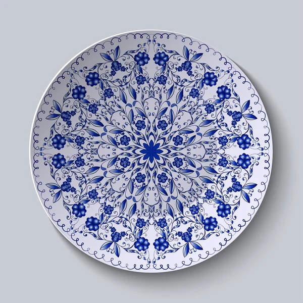 Blaues kreisförmiges Blumenmuster. dekorative Keramikteller. — Stockvektor