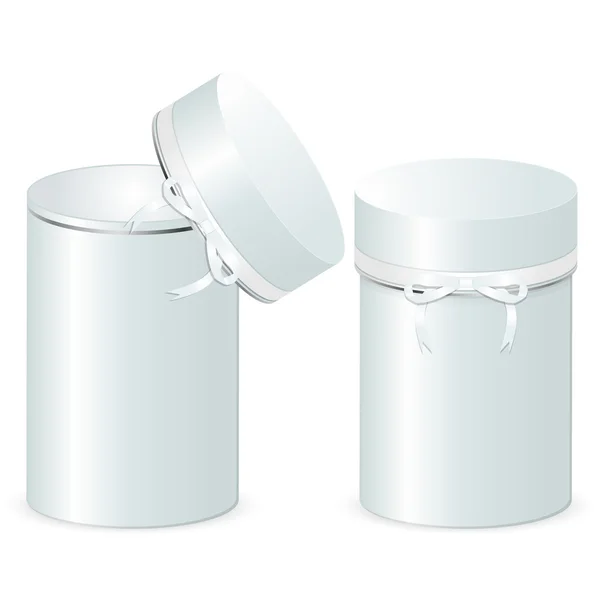 Conjunto de duas caixas de presente cilíndricas com um arco. Modelo de caixas abertas e fechadas isoladas sobre fundo branco . —  Vetores de Stock