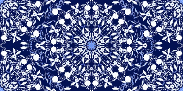 Patrón sin costuras de adornos circulares. Fondo azul oscuro en el estilo de la pintura china en porcelana . — Vector de stock