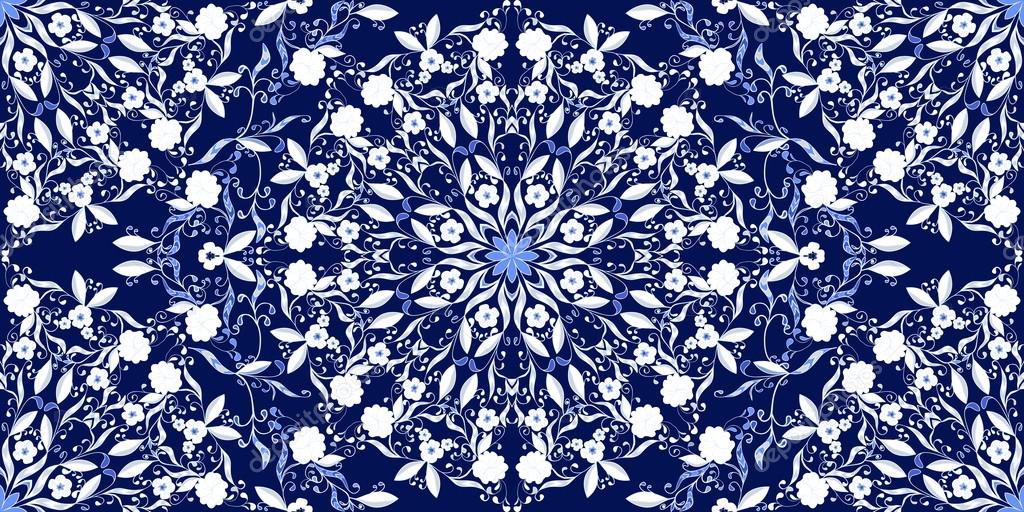 Seamless pattern of circular ornaments. Dark blue background in the style of Chinese painting on porcelain.