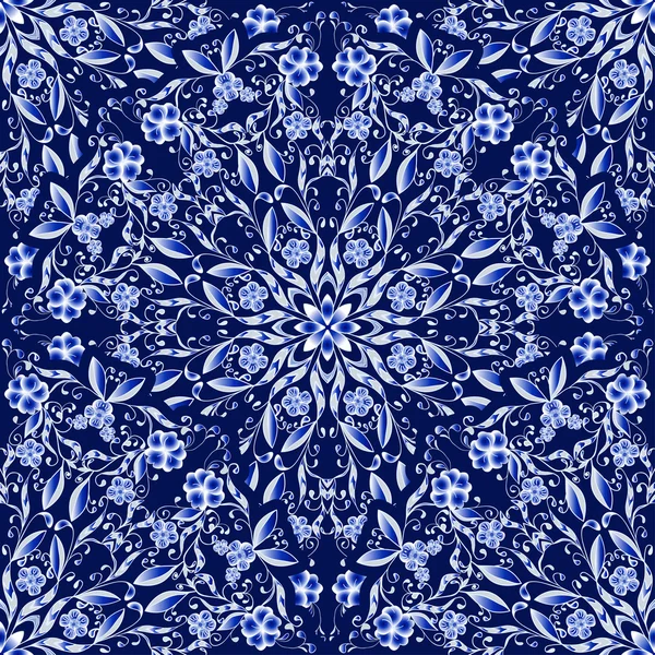 Naadloze floral patroon van circulaire ornamenten. donker blauwe achtergrond in de stijl van chinese schilderen op porselein. — Stockvector