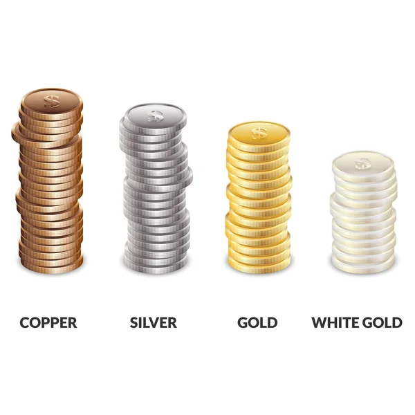 Conjunto de columnas de monedas de diferentes metales. Barras de cobre, plata y dólares de oro . — Vector de stock