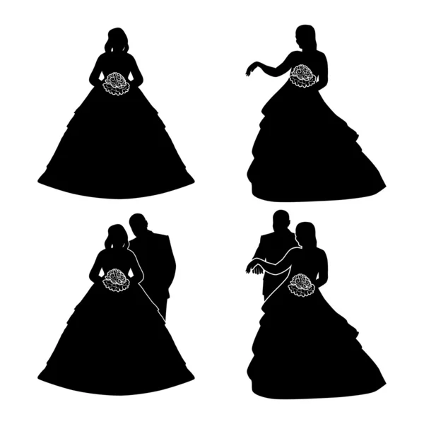 Silhouettes de la mariée et le marié avec un bouquet, isolé sur blanc . — Image vectorielle