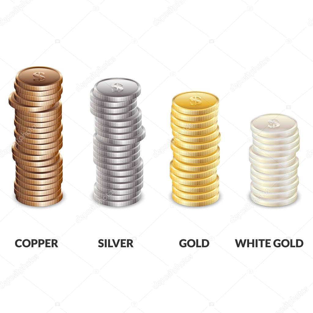 Set of columns of coins of different metals. Bars of copper, silver and gold dollars.