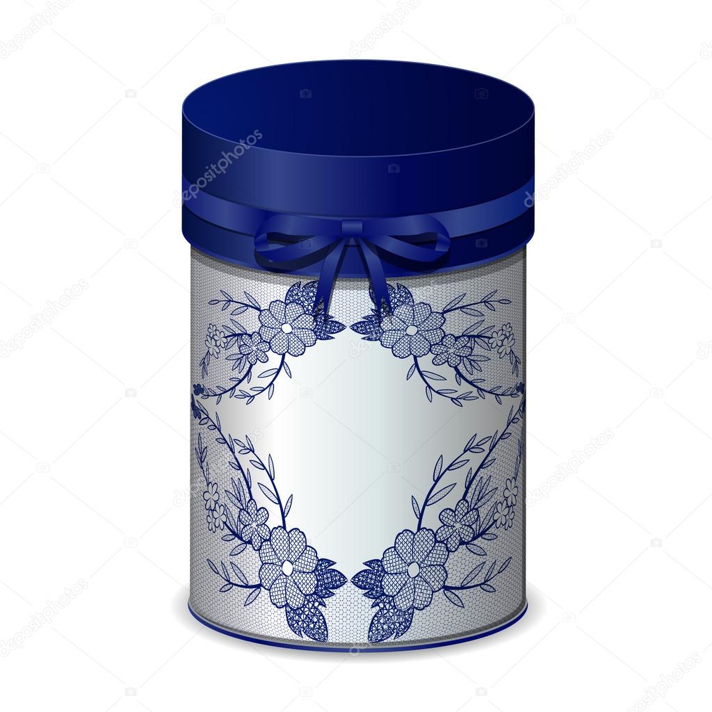 Round gift box with bow and blue lace pattern isolated on a white background. Vector illustration.