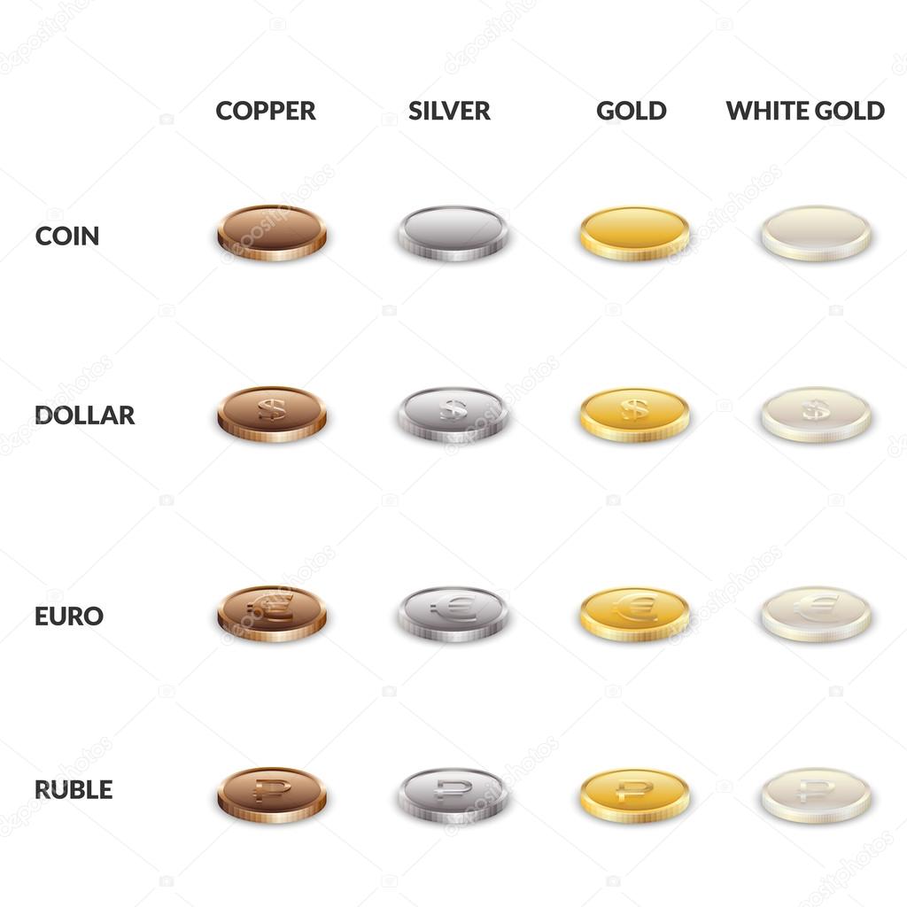 Set icons of coins from different metals. Dollar, the euro and the ruble of gold, silver, copper and white gold.