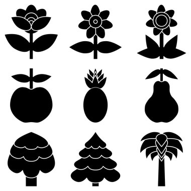 çiçekler, ağaçlar ve meyve basit siyah simge kümesi