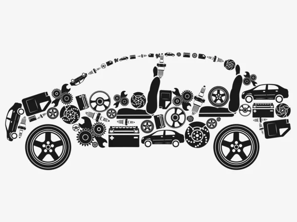 Sammlung von Symbolen, die in der Form des Autos angeordnet sind. das Konzept der automobilen Subjekte. — Stockvektor