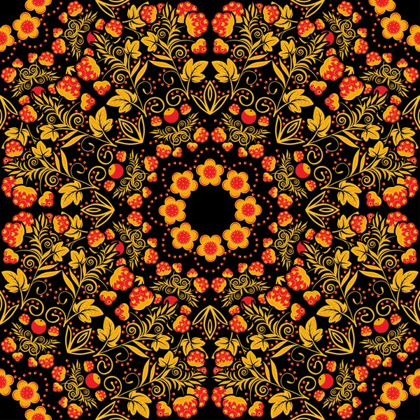 Bright seamless pattern in the style Khokhloma. Golden flowers, leaves and berries on a black background. — Stock Vector