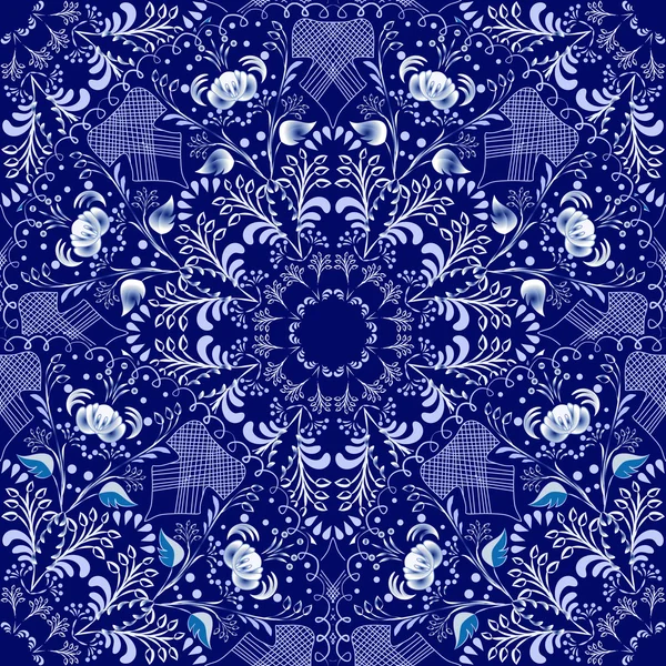 Patrón floral sin costuras en estilo Gzhel. Patrón circular azul sobre un fondo oscuro . — Vector de stock