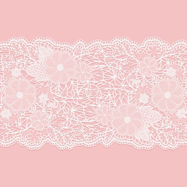 Çiçek şerit pembe bir arka plan üzerinde dantelli beyaz seamless modeli.