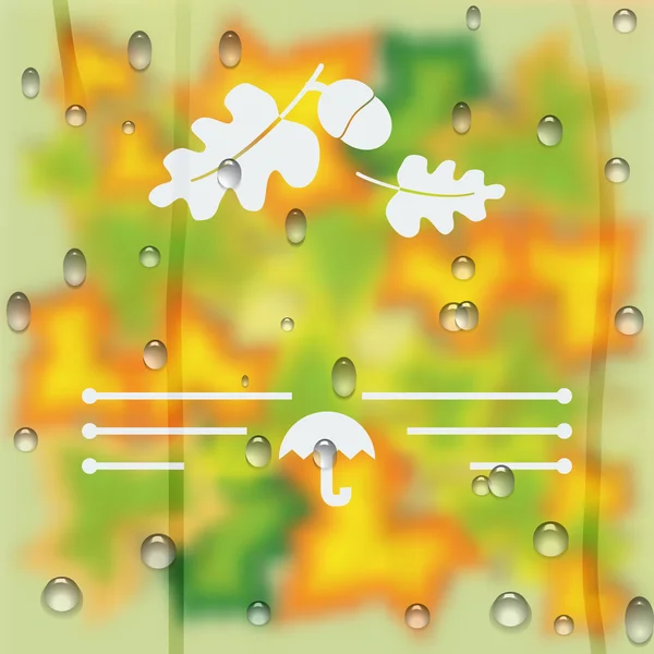 Podzimní rozmazané pozadí žluté listy v podobě skla s kapkami deště. — Stockový vektor