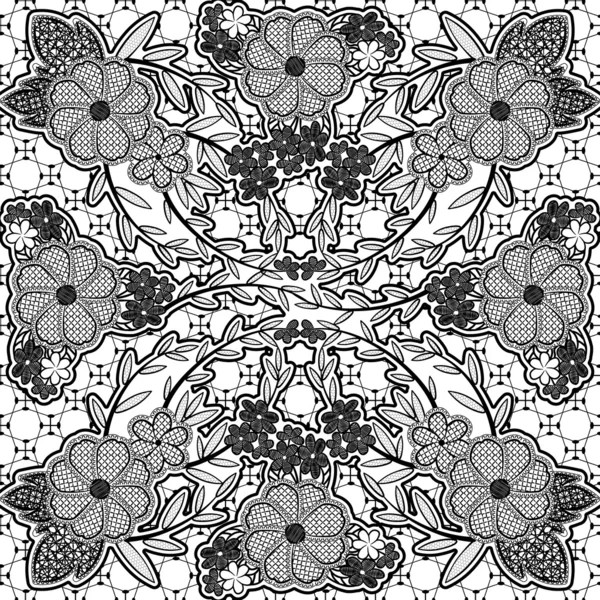 Black lace seamless pattern of flowers and leaves. — Stock Vector