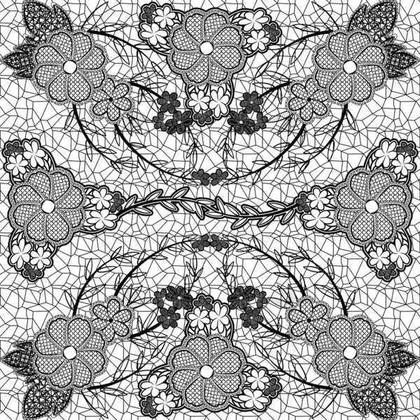 Nahtloses Muster aus Blumen und Blättern aus monochromer Spitze. — Stockvektor
