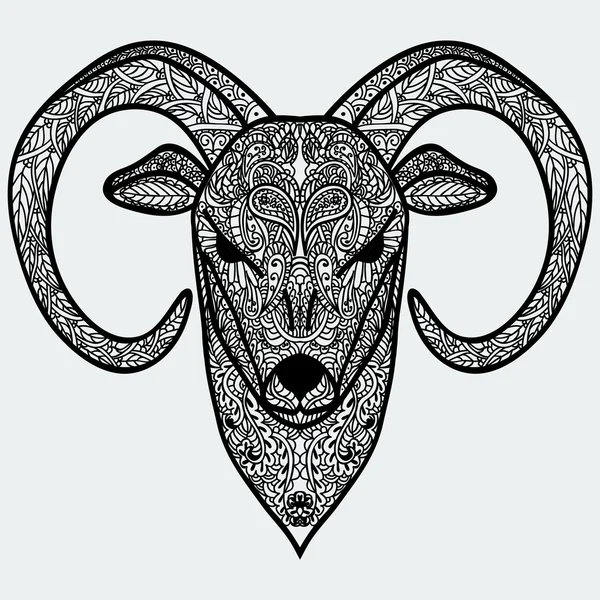 Ornamental head of goat or sheep - a symbol of new new year 2015. Black-and-white concept. — Stock Vector