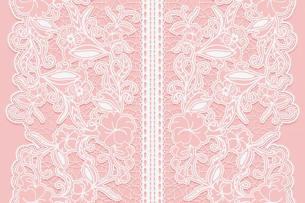 Bred vit sömlös Spetsband på rosa bakgrund. — Stock vektor