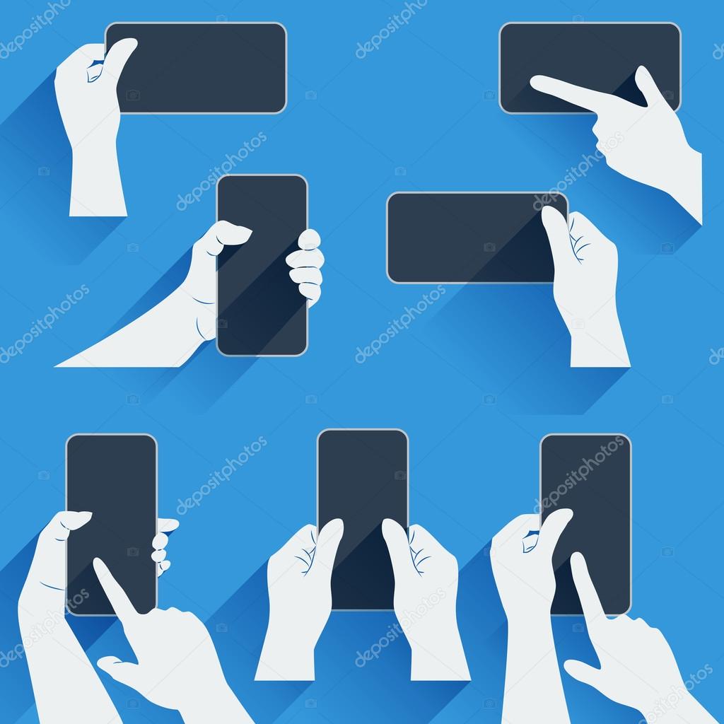 Hands holding a phone or other gadget. Flat template with long shadows.