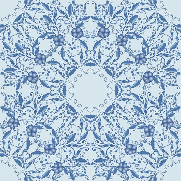 Seamless blue pattern with flowers and leaves made up of circular patterns. — Stock Vector