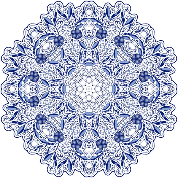 Mandala en dentelle bleue ronde avec tourbillons, fleurs et feuillage. Stylisme motifs orientaux . — Image vectorielle