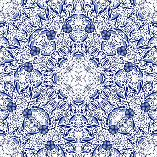 Fondo de encaje sin costuras con flores y hojas en tonos azules de los ornamentos circulares . — Archivo Imágenes Vectoriales