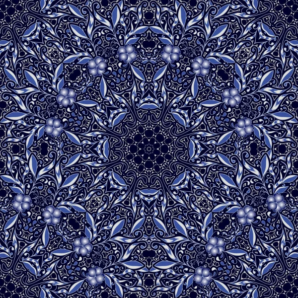Nahtloses dunkelblaues Muster mit blauen Blüten. — Stockvektor