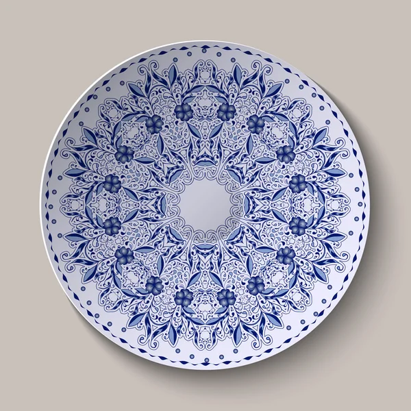 Dentelle bleue ronde motif floral délicat. Peinture stylisée de style chinois sur porcelaine . — Image vectorielle