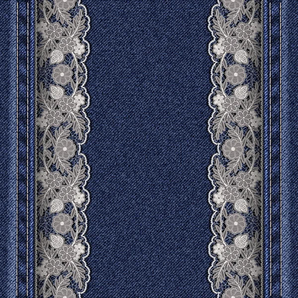 Texture denim avec rubans en dentelle blanche attachés. Beau cadre pour carte de vœux ou couverture . — Image vectorielle