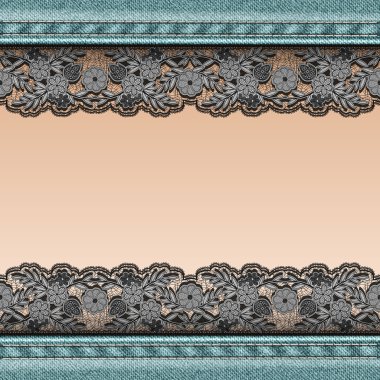 Denim arka plan siyah dantel kurdele dikili ve vücudun kadın deri ile.