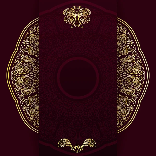 Ornato sfondo bordeaux con mandala d'oro. Modello per menu, biglietto di auguri, invito o copertina. Illustrazione vettoriale . — Vettoriale Stock