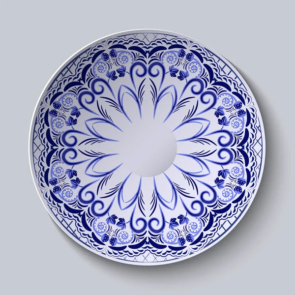 Blaues Blumenmuster auf einem runden Teller. Stilisierung der chinesischen Porzellanmalerei. — Stockvektor