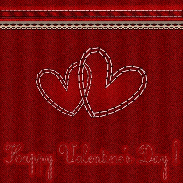 Fondo denim rojo con corazones bordados y las palabras "Feliz día de San Valentín !" — Vector de stock